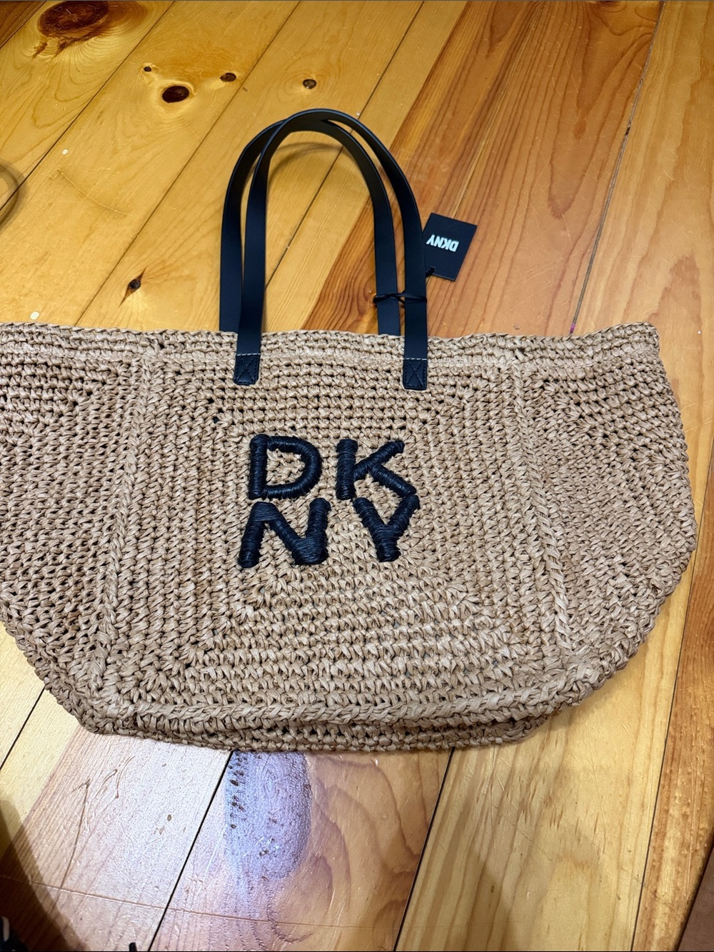 DKNY Natural Straw Tote with Black Handles and Logo